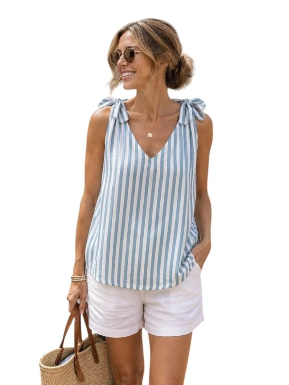 Sunshine Tienda Top M/L Blue White Stripe Coastal Chic Cottagecore Tie Strap